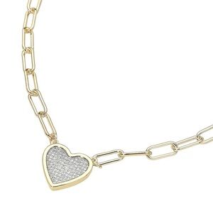 14K Gold Heart CZ Pave HeartPendant Paperclip Chain Necklace